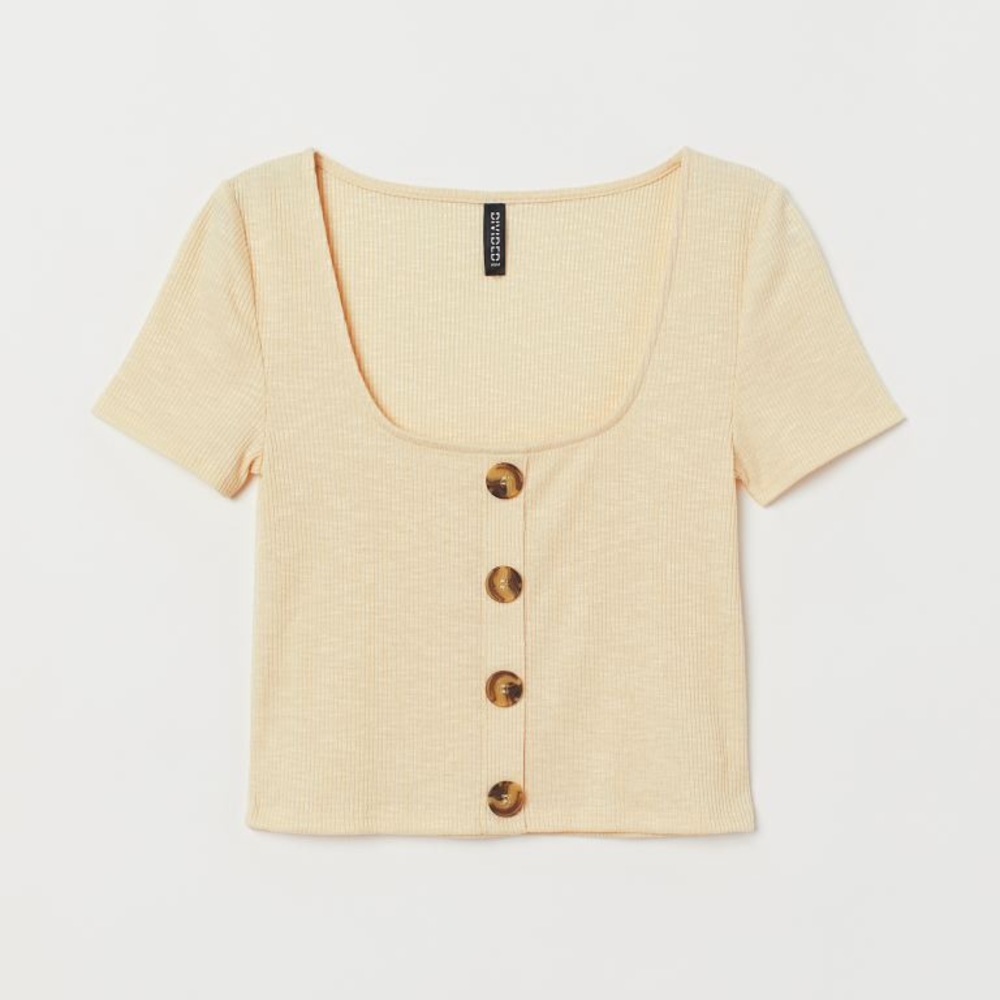 H&M Yellow Ribbed Button Crop T Shirt Top